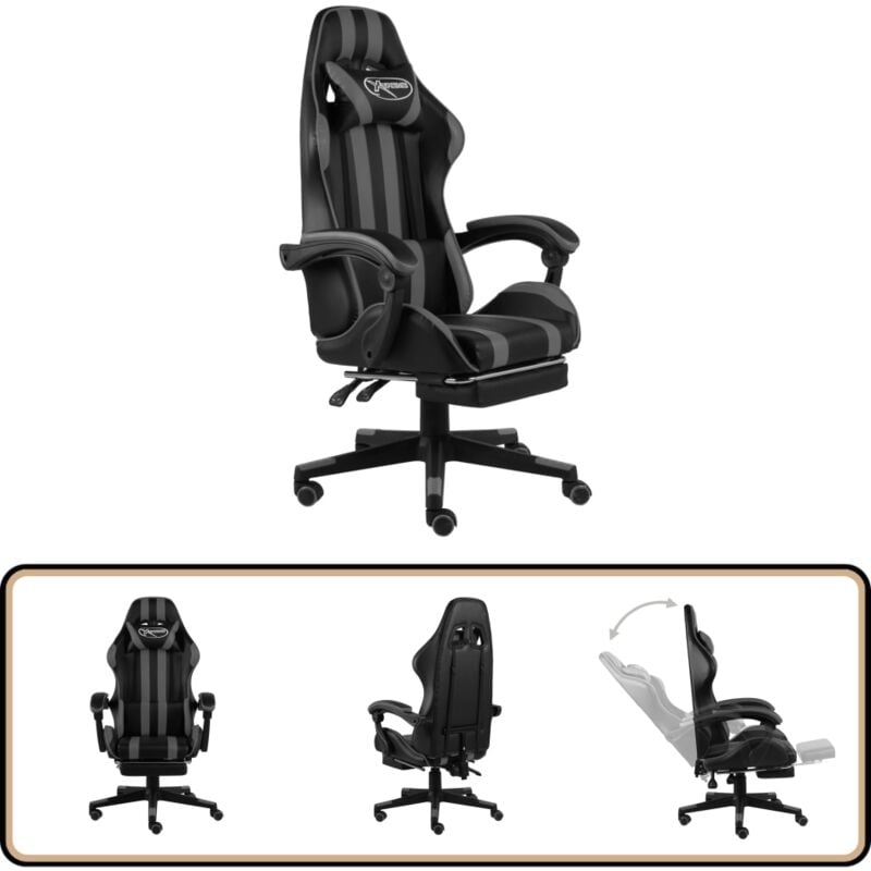 Gaming-Stuhl mit Fußstütze Schwarz und Grau Kunstleder - Gaming-Stuhl - Bürostuhl - Ergonomischer Stuhl - PC-Stuhl - Schreibtischstuhl