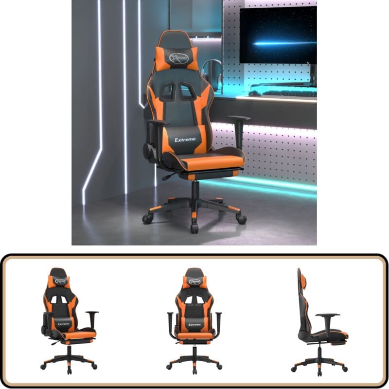 Gaming-Stuhl mit Fußstütze Schwarz und Orange Kunstleder - Gaming-Stuhl - Gamer Chair - PC-Chair - Bürostuhl - Ergonomischer Stuhl