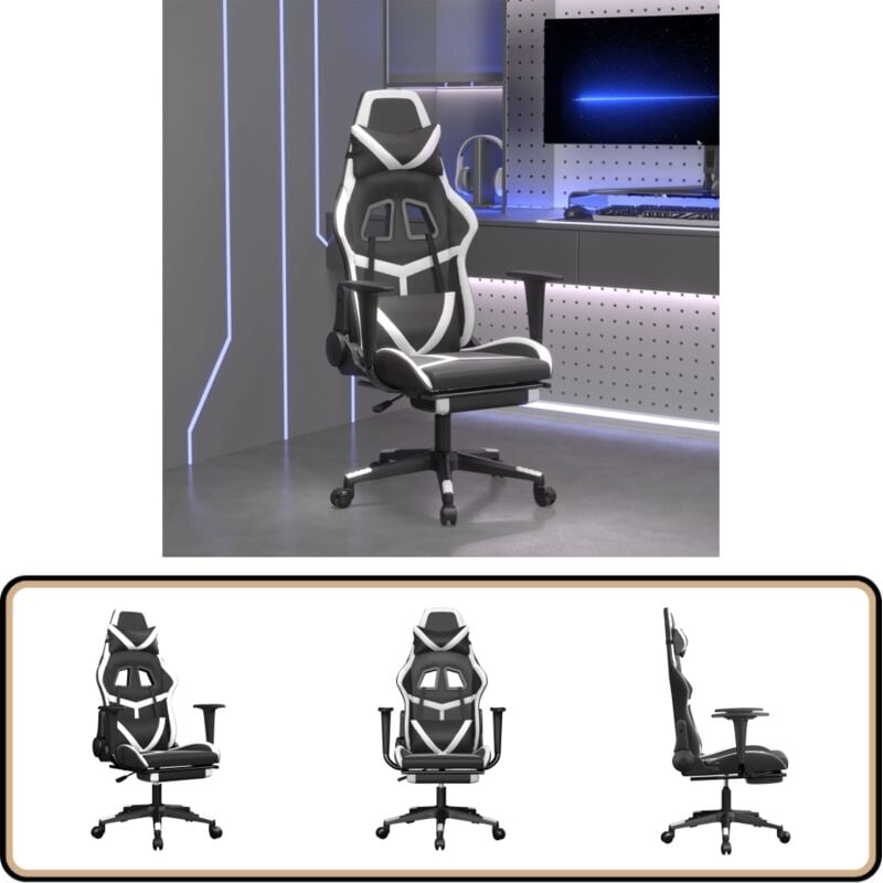 Gaming-Stuhl mit Fußstütze Schwarz und Weiß Kunstleder - Gaming-Stuhl - Gamer Chair - PC-Chair - Bürostuhl - Ergonomischer Stuhl