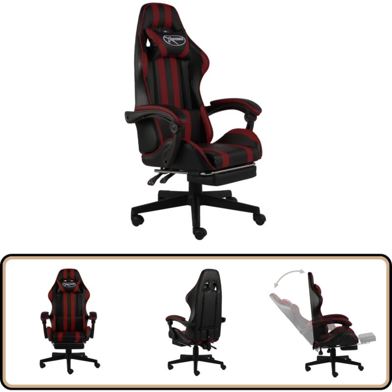 Gaming-Stuhl mit Fußstütze Schwarz und Weinrot Kunstleder - Gaming-Stuhl - Bürostuhl - Ergonomischer Stuhl - Hochwertiger Stuhl - PC-Stuhl
