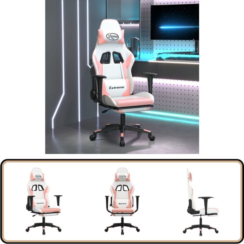 Gaming-Stuhl mit Fußstütze Weiß und Rosa Kunstleder - Gaming-Stuhl - Gamer Chair - Bürostuhl - Schreibtischstuhl - Rosa Stuhl