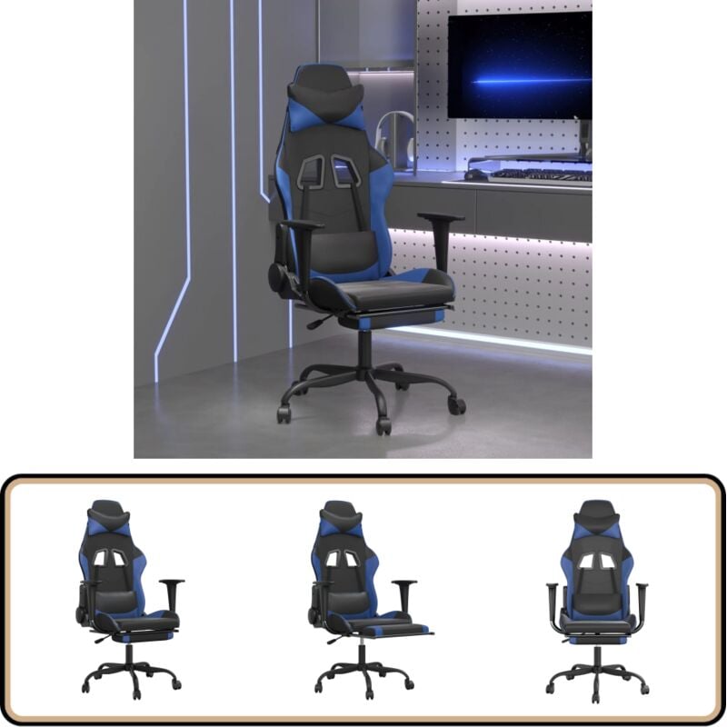 Gaming-Stuhl mit Massage & Fußstütze Schwarz & Blau Kunstleder - Gaming-Stuhl - Bürostuhl - Ergonomischer Stuhl - PC-Stuhl - Gamer Chair