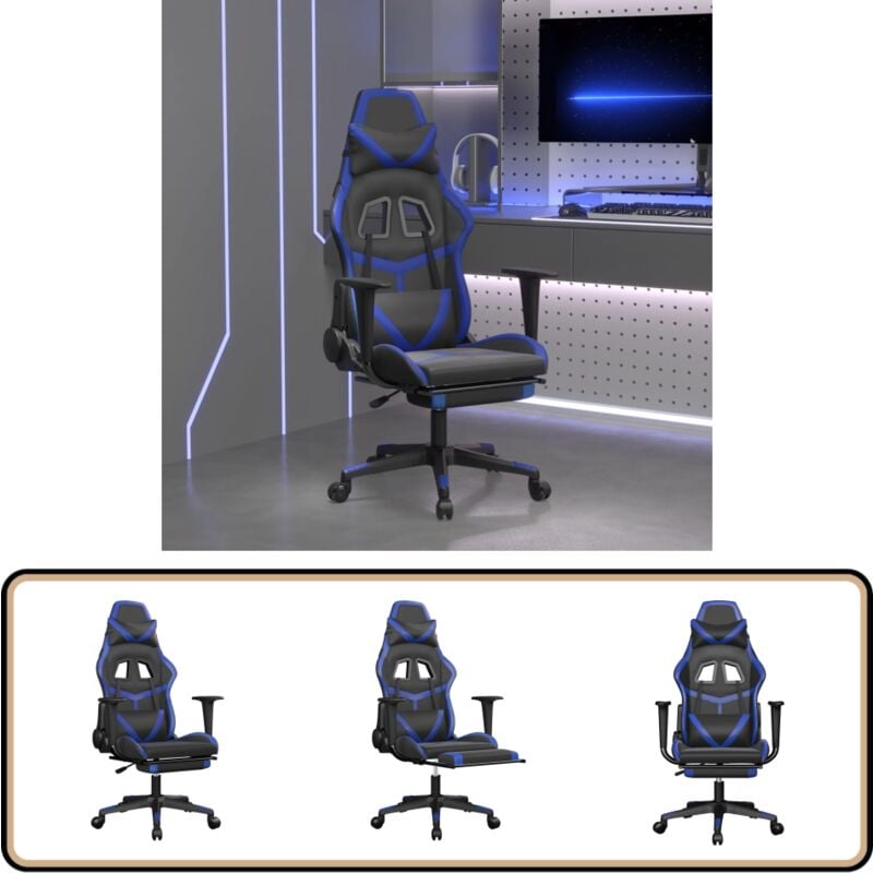 Gaming-Stuhl mit Massage & Fußstütze Schwarz & Blau Kunstleder - Gaming Stuhl - Gamer Chair - Bürostuhll - Ergonomischer Stuhl - PC Stuhl