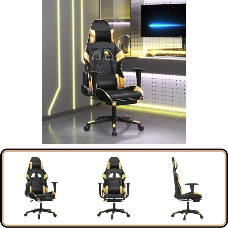 Gaming-Stuhl mit Massage & Fußstütze Schwarz Golden Kunstleder - Gaming-Stuhl - Gamer Chair - BürostuhI - Ergonomischer Stuhl - Massagesessel