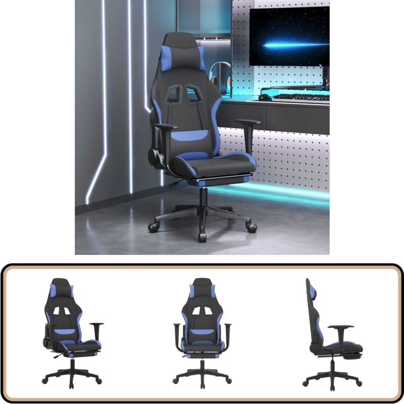 Gaming-Stuhl mit Massage & Fußstütze Schwarz und Blau Stoff - Gaming Stuhl - Gamer Chair - BürostuhI - Ergonomischer Stuhl - PC Stuhl