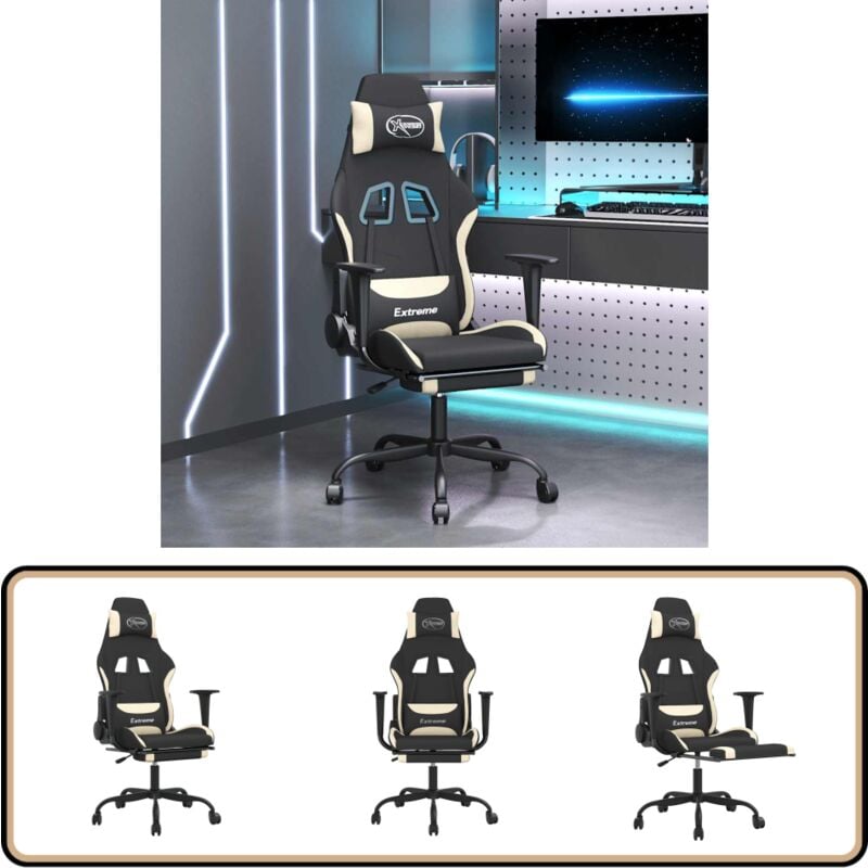 Gaming-Stuhl mit Massage & Fußstütze Schwarz und Creme Stoff - Gaming Stuhl - Gamer Chair - Schreibtischstuhl - Bürostuhl - Ergonomischer Stuhl