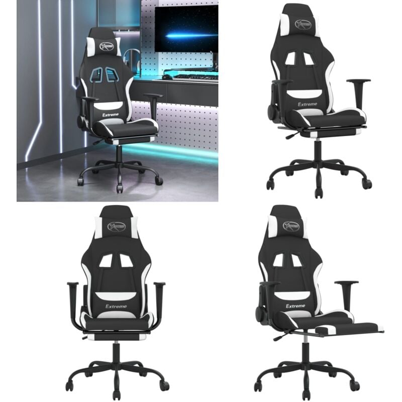 Gaming-Stuhl mit Massage & Fußstütze Schwarz und Weiß Stoff - Gaming Stuhl - Gamer Chair - Bürostuhll - Schreibtischstuhl - Ergonomischer Stuhl