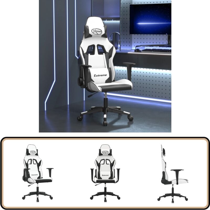 Gaming-Stuhl mit Massagefunktion Weiß und Schwarz Kunstleder - Gaming-Stuhl - Bürostuhl - Computerstuhl - Gamer Chair - Ergonomischer Stuhl