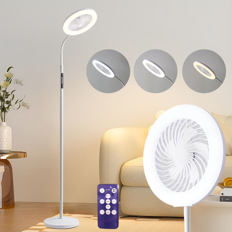 Led Stehleuchte Ventilator - Korb 28cm - Weiß - 11W - einstellbare Helligkeit - Mit Fernbedienung - TOUCH-Funktion - moderne Stehleuchte Schlafzimmer