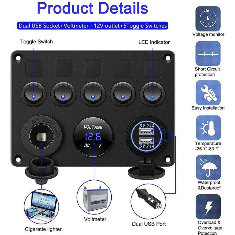 Gang-Wippschalter-Panel, Wippschalter-Panel, Schalttafel, Boot, Auto, wasserdicht, Dual-USB, DC 12 V/24 V, LED, LKW, Anhänger, Marinefahrzeuge, SUV,