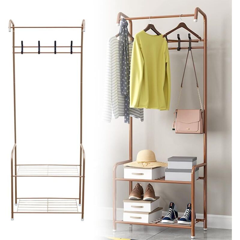 Garderobe, Freistehende Garderobe für das Schlafzimmer, Metallgarderobe mit Haken für Mäntel, Schuhregale, Taschen und Hüte
