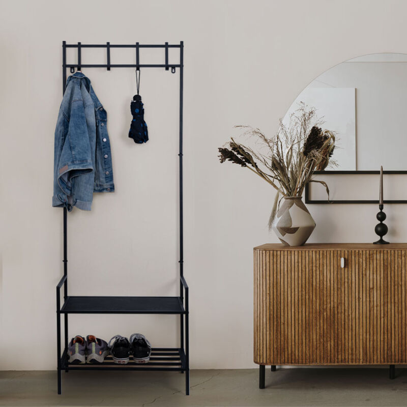 Garderobe mit Schuhschrank schwarz Jackenständer Metall Dogstation Garderobe Leinenparkplatz Hund, 4x Kleiderhaken, Ablage mdf, freistehend, h 168,5