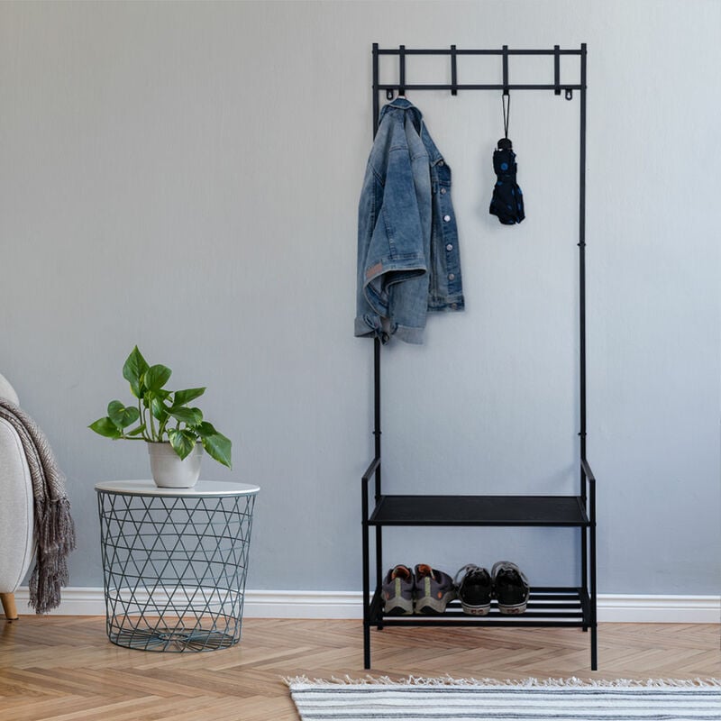 Etc-shop - Garderobe mit Schuhschrank schwarz Jackenständer Metall Dogstation Garderobe Leinenparkplatz Hund, 4x Kleiderhaken, Ablage mdf,