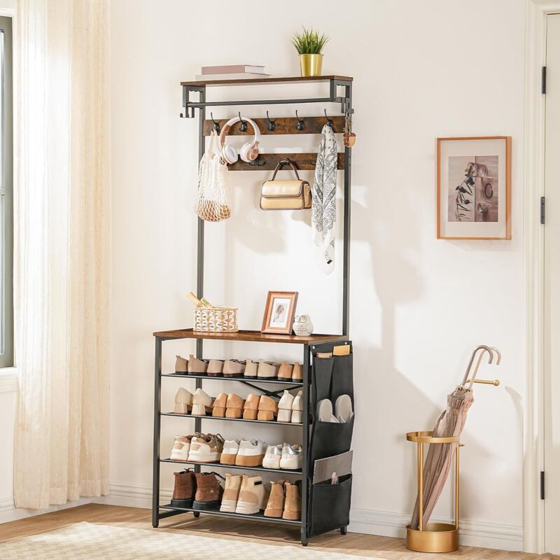 Garderobenständer mit Schuhablage, Schuhregal mit Garderobe, Kleiderständer mit 5 Ebenen Schuhablage, Garderobe mit Schuhschrank, Verstellbares