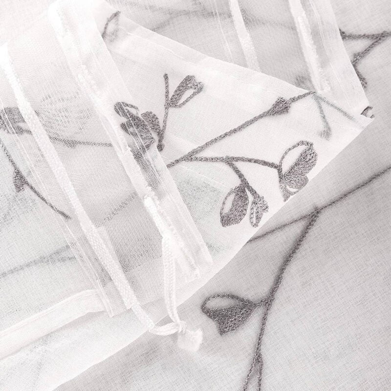 Gardinen transparent Blumen Stickerei mit Kräuselband Leinen Optik(2 Stücke) grau 140x175 cm - Woltu