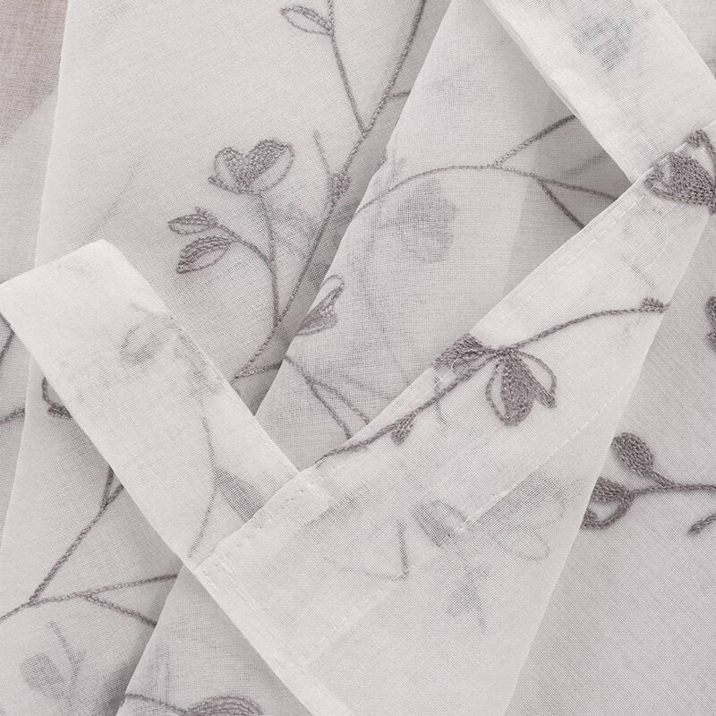 WOLTU Gardinen transparent Blumen Stickerei mit Schlaufen Leinen Optik(2 Stücke) grau 140x245 cm