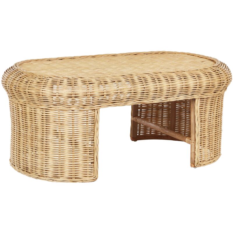 Garten Beistelltisch Naturfarben Rattan Geflochten Oval 96 x 60 cm Boho Möbel Outdoor Indoor Garten Terrasse Ausstattung Gartentisch