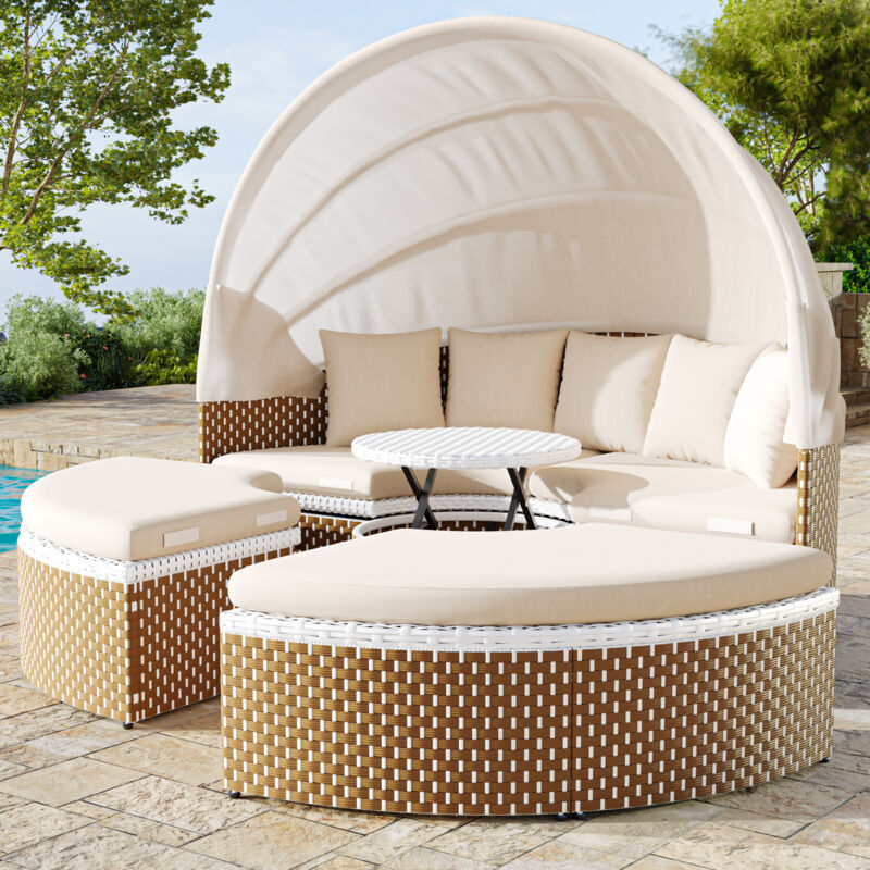 Garten-Liegestuhl-Set, Sonneninsel, Garten-Rattantisch und Stühle, Garten-Liegestuhl, ausziehbares Vordach, hochklappbare Tischplatte, Beige,