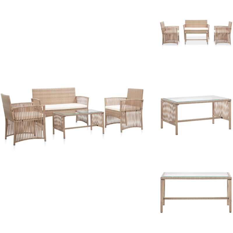 4-tlg. Garten-Lounge-Set mit Auflage Poly Rattan Beige - Gartensessel - Gartenbank - Loungemöbel - Outdoor Möbel - Gartenmöbel Set