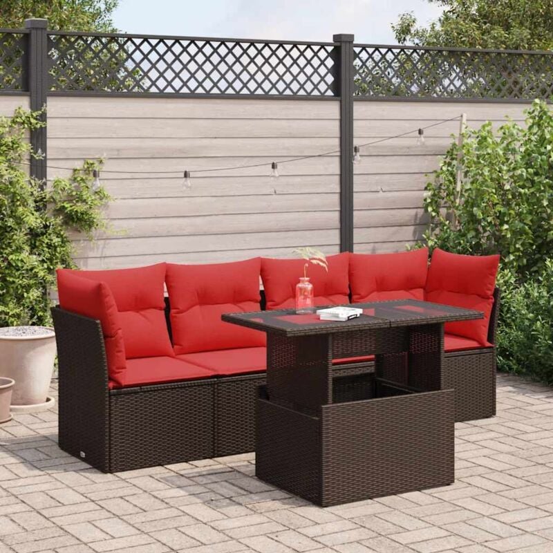5-tlg. Garten-Sofagarnitur mit Kissen Braun Poly Rattan Akazie - Vidaxl