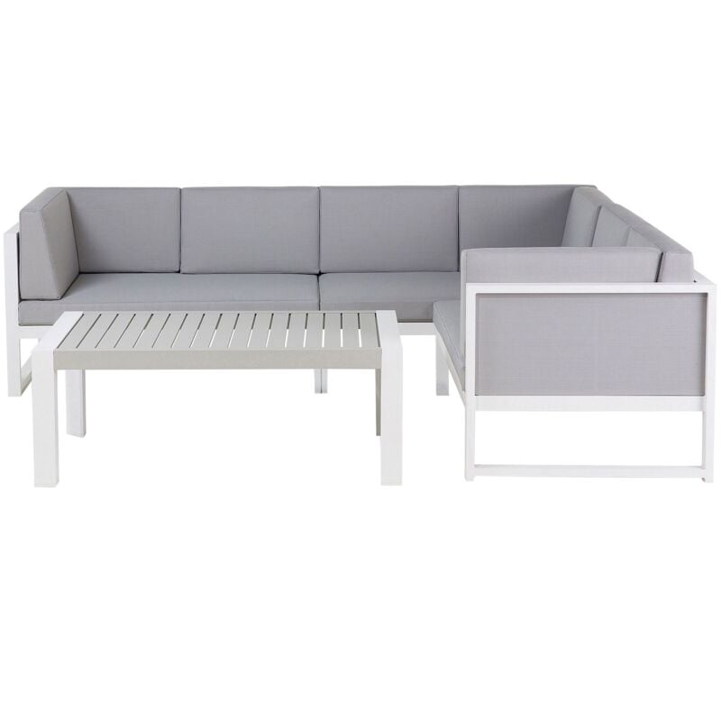 6-Sitzer Lounge Set Weiß und Grau Aluminium 2-Teilig mit Grauen Auflagen Latten-Optik Modern Skandi Terrasse Outdoor Gartenset Loungemöbel