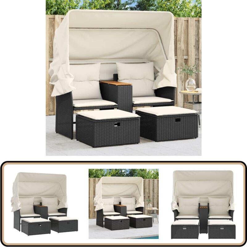 Gartensofa 2-Sitzer mit Dach und Hockern Schwarz Poly Rattan - Gartensofa - Outdoor Sofa - Sonnensegel - Gartenmöbel - Rattan Gartenmöbel