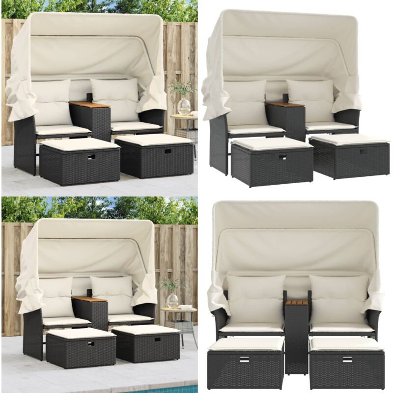 Gartensofa 2-Sitzer mit Dach und Hockern Schwarz Poly Rattan - Gartensofa - Outdoor Sofa - Sonnensegel - Gartenmöbel - Rattan Gartenmöbel - Home &