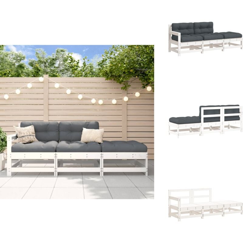 3-tlg. Garten-Lounge-Set mit Kissen Weiß Massivholz - Gartenmöbel - Loungemöbel - Gartenlounge - Rattan Möbel - Holz Gartenmöbel