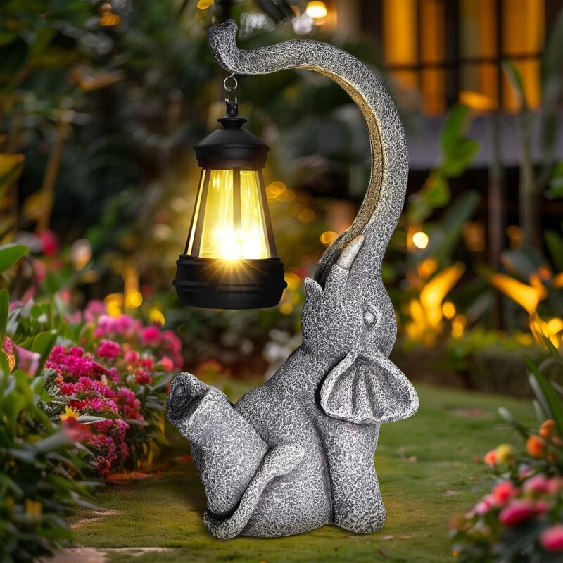 Gartenstatue, Solarlampe, Außendeko, Elefant, Geschenkidee für Mama, Frau, Mann, Geburtstag, Zuhause, Balkon, Terrasse, Deko, grau