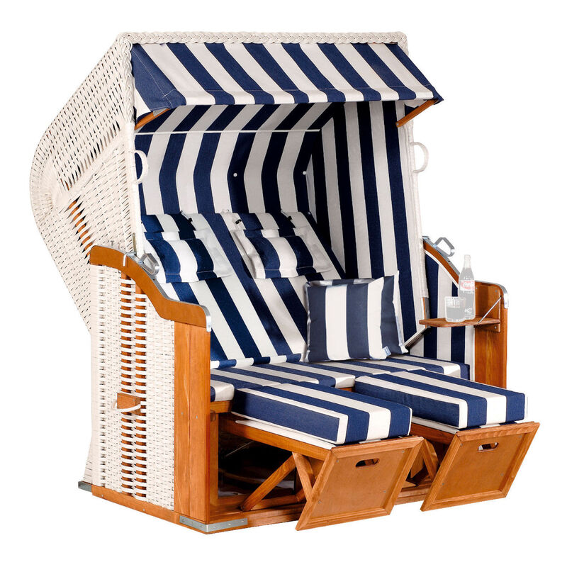 SunnySmart Garten-Strandkorb Rustikal 250 plus 2-Sitzer xl weiß/blau mit Kissen