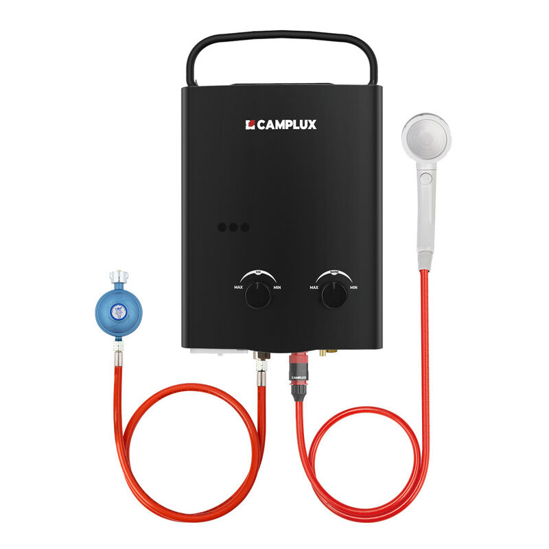 CAMPLUX Tragbare Gas-Wassererwärmer 5L/min 10kW, Durchlauferhitzer mit Propan/Butan-Gas - AY132B-DE - 50 mbar - Schwarz
