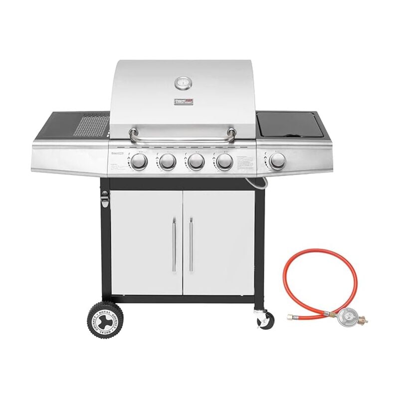 Gasgrill 4+1 Brenner Grillwagen mit automatischer Zündung,integriertem Thermometer und Unterschrank Edelstahl Brenner mit 14,5 kW Camping Gasgrill