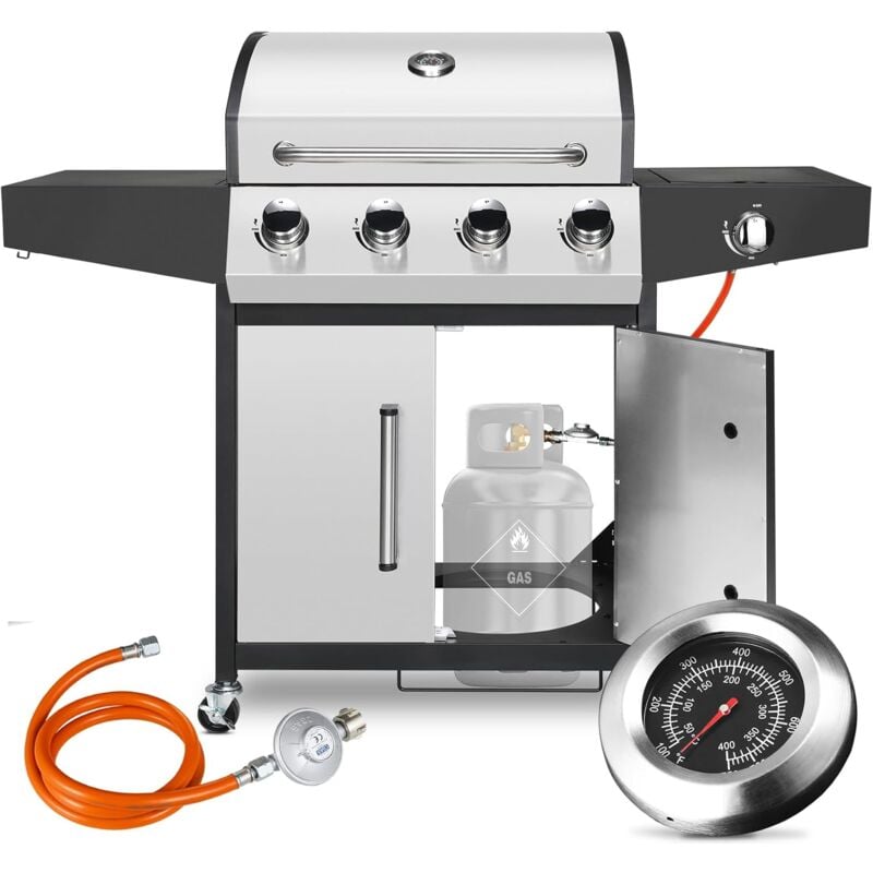 Gasgrill 4+1 Edelstahl Brenner,15 kw Gas Grillwagen bbq mit Seitenkochfeld,Gasgriller,Standgrill,Camping Gaskocher,Grillküche (Silber)