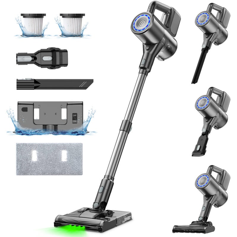 Gbly - Akku Staubsauger S7 Plus mit Wischfunktion, 500W/40000Pa Staubsauger kabellos, 40Min Laufzeit, Akkusauger Freistehend, leicht und vielseitig,