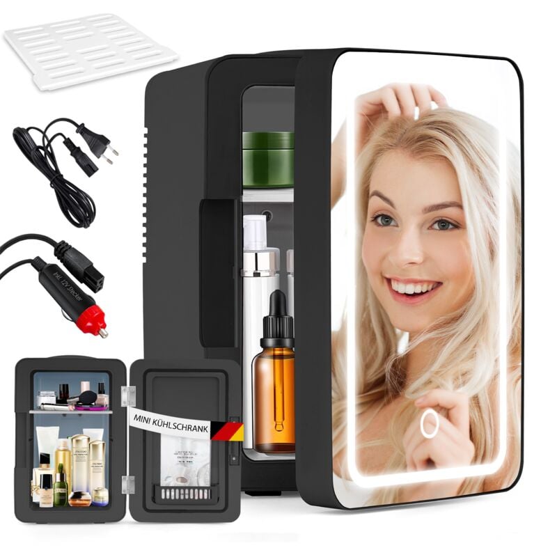 Mini Kühlschrank Fridge 6L - Kühlschränke Klein 12V 230V Läuft Leise mit Spiegel&LED-Beleuchtung - Skincare Kühlschrank für Kosmetik