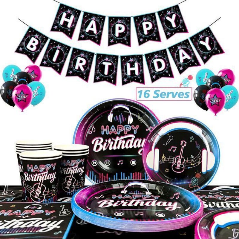 Geburtstagsdekoration - Tik Tok - Geschirrset - 140 Teile - Für 16 Gäste - Musikalisches Thema