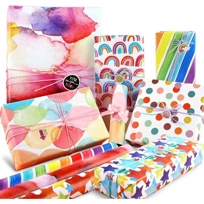 Geburtstagsgeschenkpapier, 6 Blatt Geburtstagsgeschenkpapier, braunes Geschenkpapier mit Anhänger + Geschenkschnur + doppelseitigem Klebeband (50 70