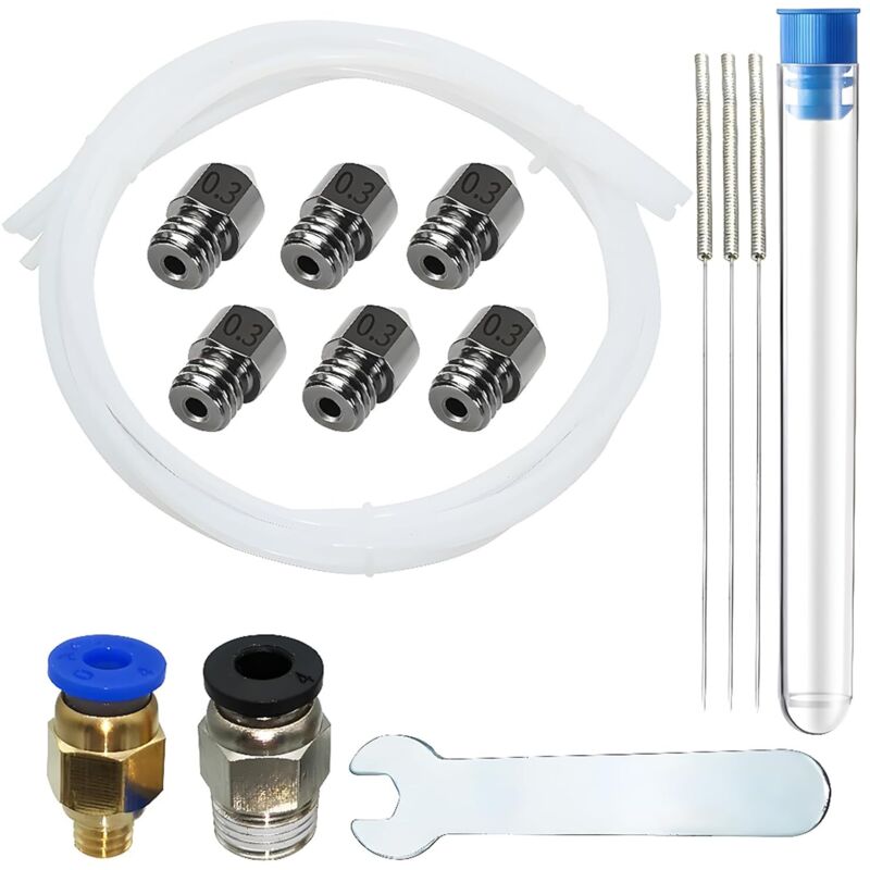 Gehärtete 1,75-mm-Filamentdüse aus Stahl für Ender 3 V2, 6 Stück 0,3-mm-Stahldüse mit PC4-M6-M10 (1P + 1P), 3 x 0,3-mm-Düsenreinigungsnadeln, 3 x 1 m