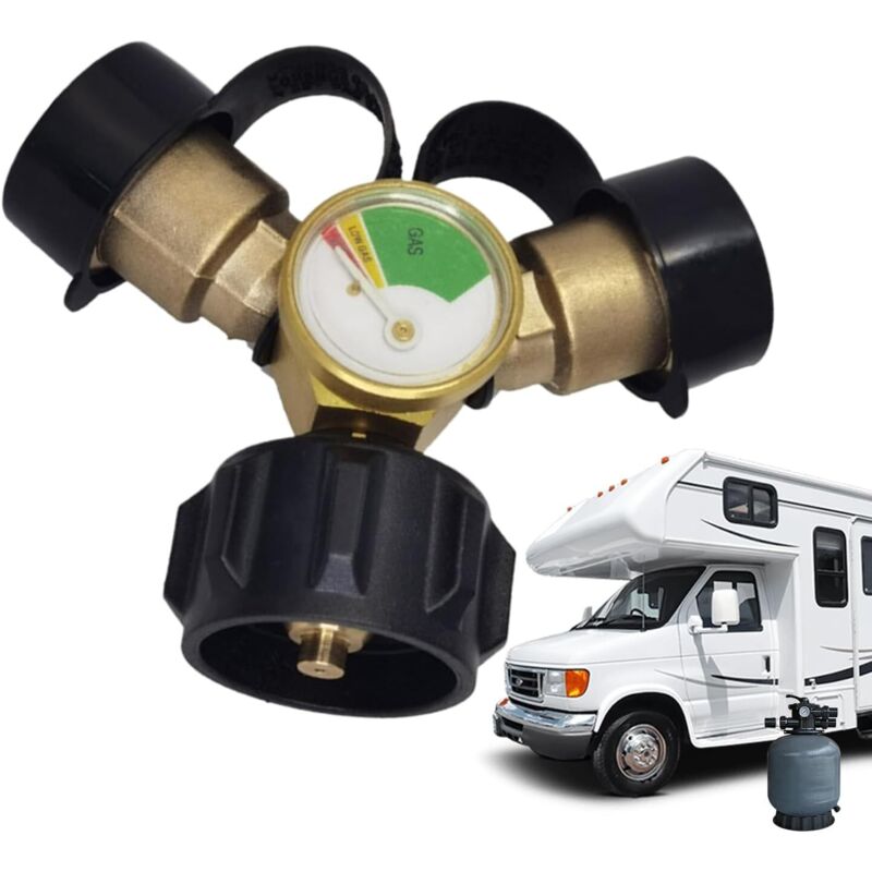 Generischer Propan-Splitter – Doppelter Gasflaschenanschluss mit Manometer, QCC-Ersatzteile mit Manometer und Notabschaltung für Herde, Grills,