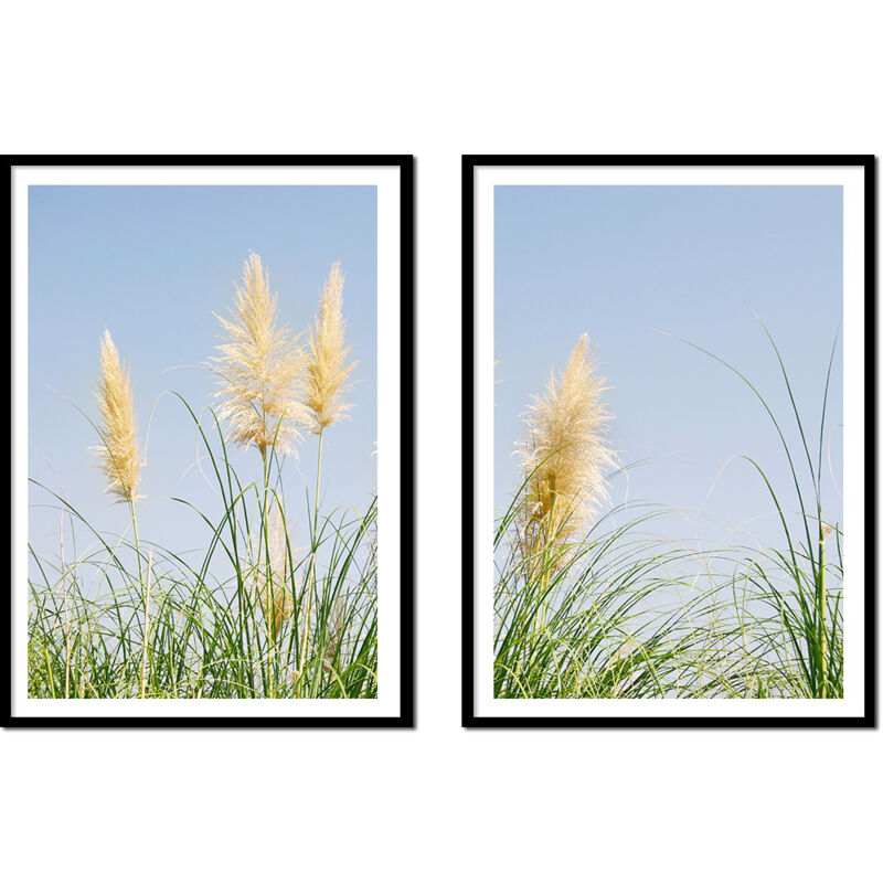 GERAHMTES BILD 53x73cm Diptychon Set mit 2 Gemälden Grass Field Boho P2177