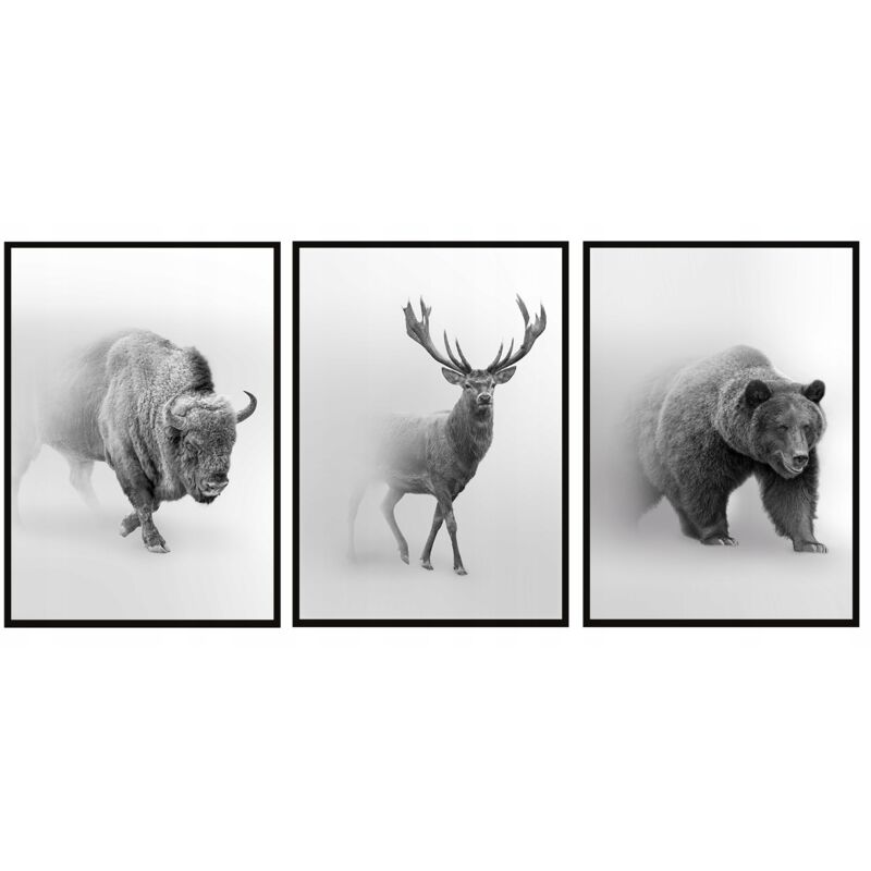 GERAHMTES BILD 73x53cm Triptychon 3er-Set Gemälde Tiere Hirsch Bison P1021