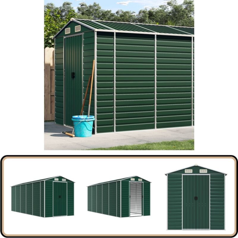Gerätehaus Grün 191x470x198 cm Verzinkter Stahl - Geräteschuppen - Gartenhaus - Werkzeuglager - Outdoor-Lagerraum - Grünes Gartenhaus