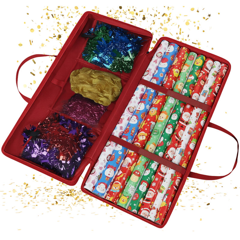 Relaxdays Geschenkpapier Aufbewahrung, Reißverschluss, Griffe, 3 Netzfächer für Zubehör, HxBxT: 34 x 82 x 13 cm, rot
