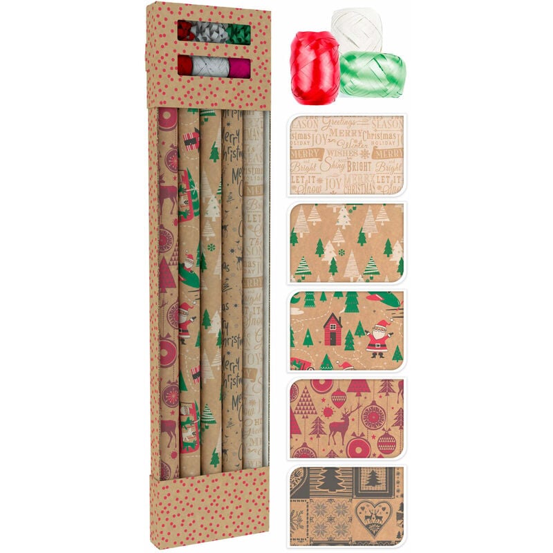 Geschenkpapier Set braun - 11 Teile - Weihnachts Nikolaus Verpackung aus recyceltem Papier - Set inkl. Schleifenband und Geschenkschleife