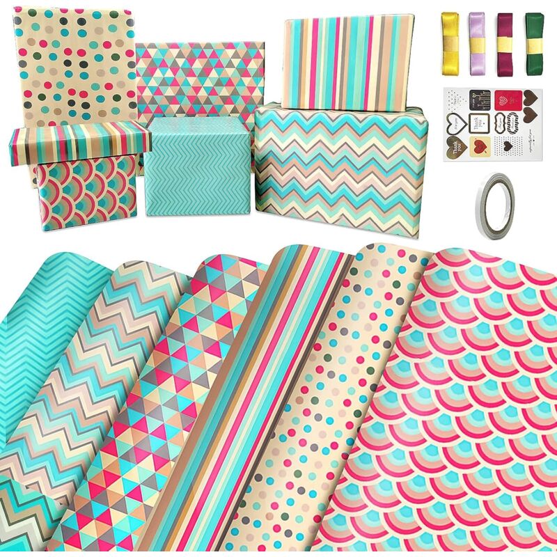 Geschenkverpackungsset mit Schleife und Anhänger, umweltfreundliches Geschenkpapier, Geburtstagsgeschenkpapier für Frauen, Mädchen, Babys, Männer,