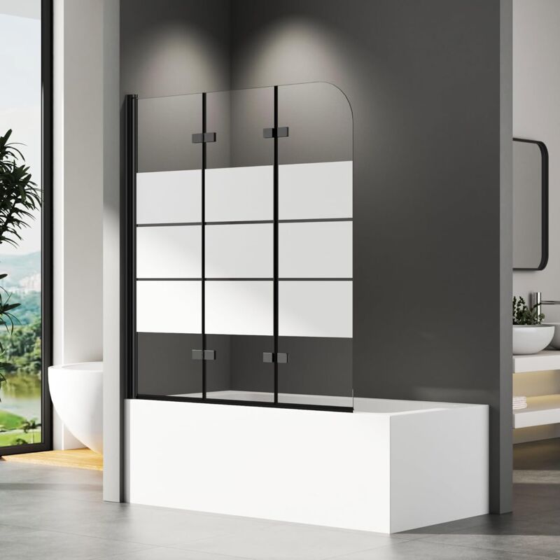Boromal - Gestreift Duschwand für Badewanne 120x140cm 3-teilig faltbar Duschtrennwand für Badewanne Duschabtrennung Badewanne mit Milchglas,