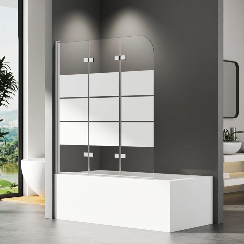 Boromal - Gestreift Duschwand für Badewanne 140x140cm 3-teilig faltbar Duschtrennwand für Badewanne Duschabtrennung Badewanne mit Milchglas,