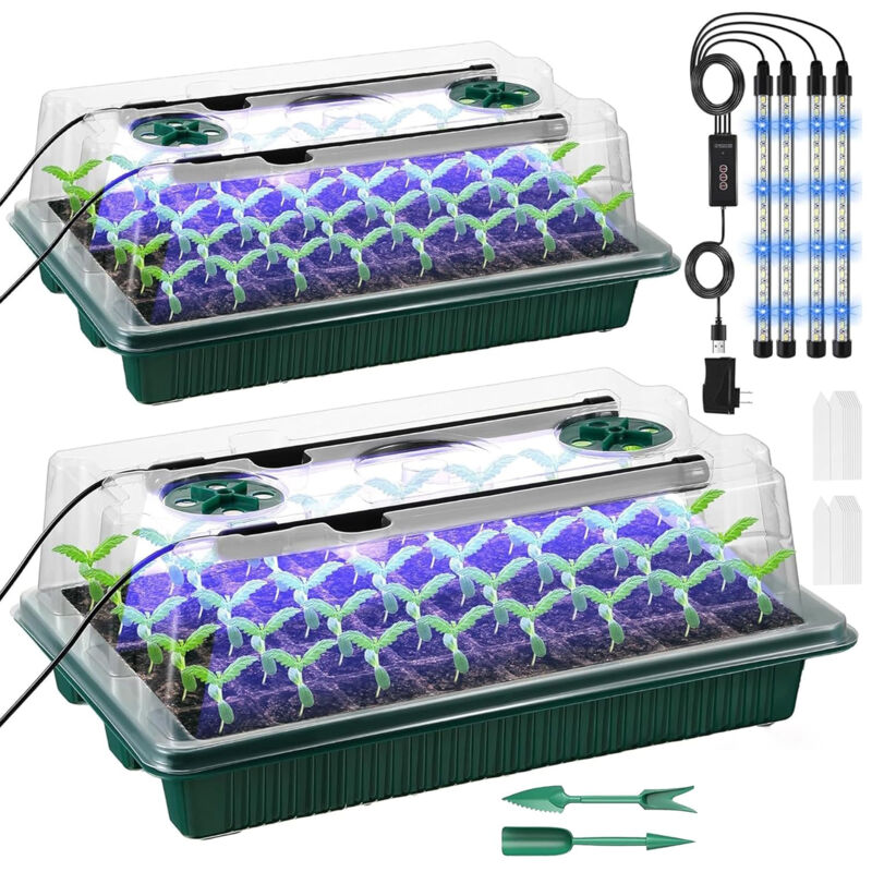 Gewächshaus-Pflanzset, 2 Anzuchtschalen mit je 40 Zellen, Gewächshaus-Set mit einstellbarer LED-Helligkeit, einstellbarer Temperatur und