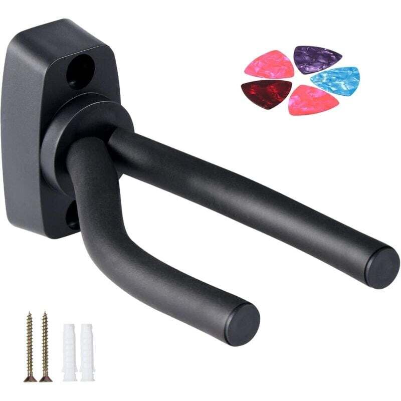 Gitarren-Wandhalterung, Gitarrenhaken mit 5 Plektren, Ukulelen-Wandhalterung, E-Gitarre, Klassik, Bass, Aufhänger, Schwarz (1 Stück)