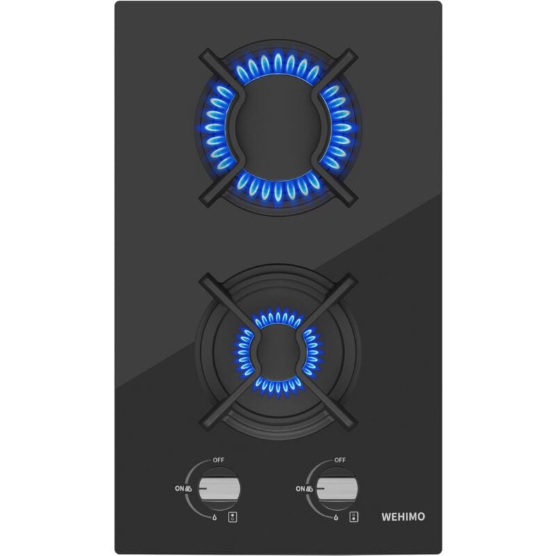 Wehimo - Glas Gaskochfeld, IsEasy Gaskochfeld 2 Flammig mit Automatischer Thermoelementschutz, Einbau Gaskochfeld, 2 Zonen Gaskocher,